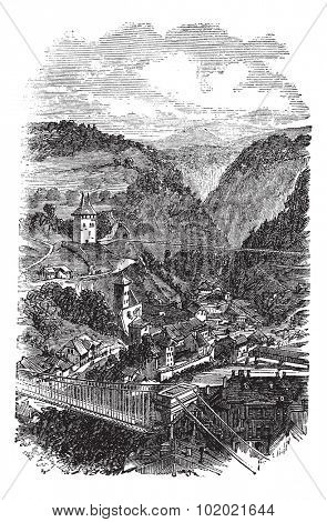 Fribourg or Freiburg im Uechtland in Switzerland, during the 1890s, vintage engraving. Old engraved illustration of Fribourg. Trousset encyclopedia (1886 - 1891).