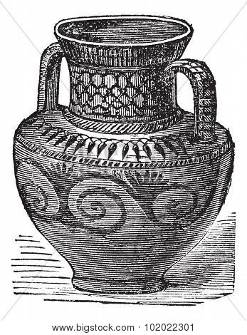 Phoenician vase, vintage engraving. Old engraved illustration of Phoenician vase from cesnola collection New York. Trousset encyclopedia (1886 - 1891).