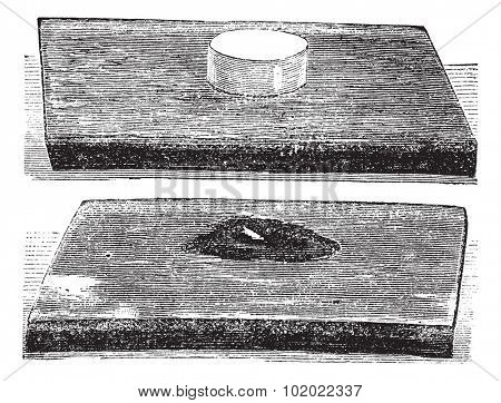 The effect produced by explosion of gun-cotton, vintage engraving. Old engraved illustration of the effect produced by explosion of gun-cotton. Trousset encyclopedia (1886 - 1891).