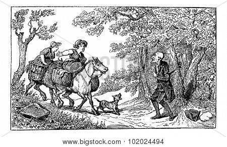 Old engraved illustration of Dr. Syntax tied with a rope and two horseback village women approach with a barking dog to rescue him,1874. Created  by Thomas Rowlandson. Le Magasin Pittoresque - 1874.