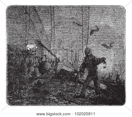 Surface supplied diving or Hooka diving, vintage engraved illustration. Trousset encyclopedia (1886 - 1891).