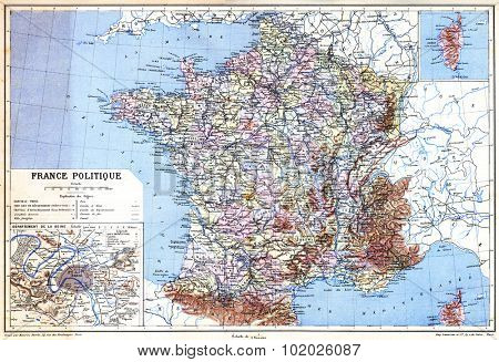 The Map of political France with explanation of signs on map from the late 1800s,  Trousset encyclopedia (1886 - 1891).