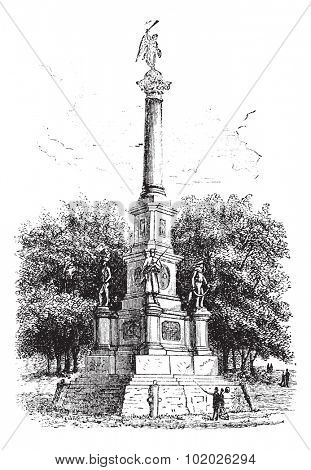 Soldiers' Monument, Worcester, Massachusetts, USA, during the 1890s, vintage engraving. Old engraved illustration of Soldiers' Monument. Trousset encyclopedia (1886 - 1891).