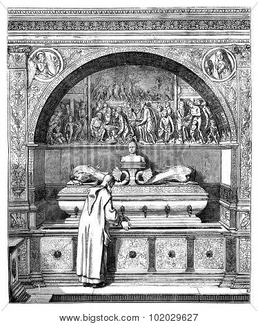 The fountain of the Monks, at the Certosa of Pavia. - Drawing of E. Lechevallier-Chevignard, vintage engraved illustration. Magasin Pittoresque 1875.