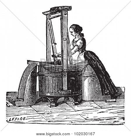 Old engraved illustration of a washerwoman washing clothes outside. Industrial encyclopedia E.-O. Lami - 1875.