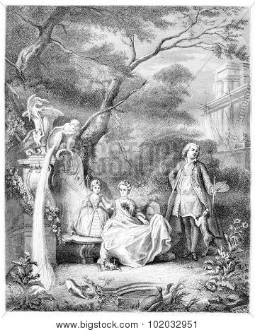 Painting of Lajoue and his family, Museum of Versailles, vintage engraved illustration. From the Magasin Pittoresque published in 1867.