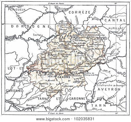 Topographical Map of the Department of Lot in Midi-Pyrenees, France, vintage engraved illustration. Dictionary of Words and Things - Larive and Fleury - 1895