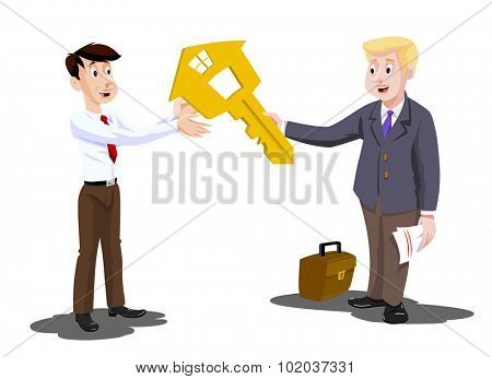 Man Buying a House, Real Estate Agent Handing Over the Key, vector illustration