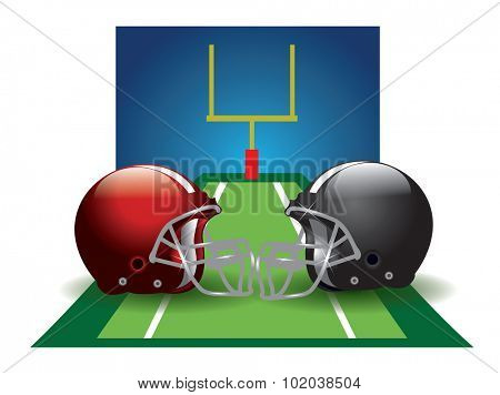 Football, field with two helmets, red and black, vector illustration