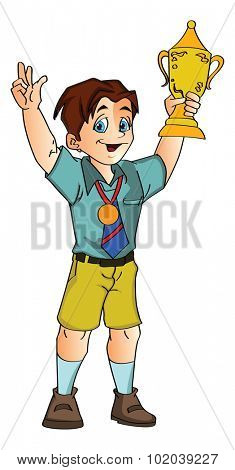 Boy Holding a Trophy, vector illustration