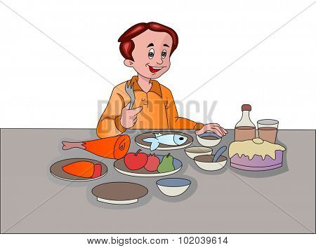 Man Feasting on Fish Meat Vegetables Fruits Cake and Drink, vector illustration