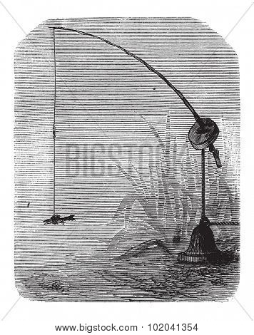 Mounted Bricole, in Fishing, vintage engraved illustration. Le Magasin Pittoresque - 1874