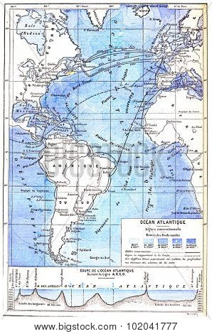 Map of the Atlantic Ocean, vintage engraved illustration. Dictionary of Words and Things - Larive and Fleury - 1895