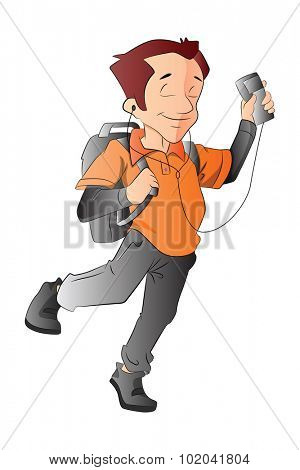 Man with a Backpack and Music Player, vector illustration