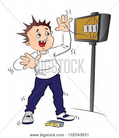 Vector illustration of man receiving an electric shock after short circuit in fuse box.