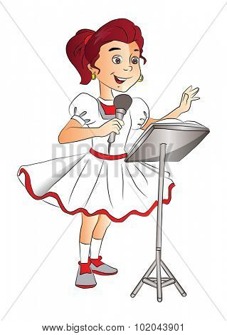 Vector of happy girl singing on mike at lectern.