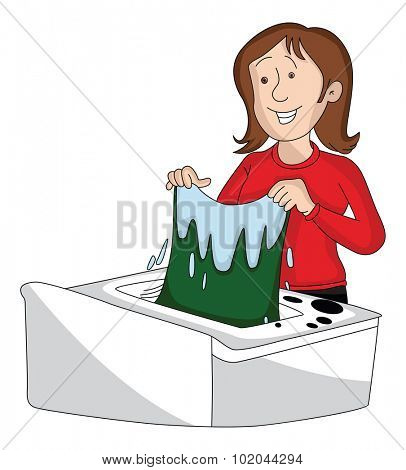 Vector illustration of woman washing clothes in machine.