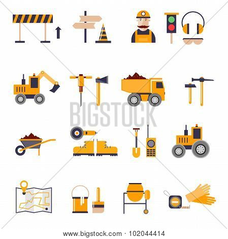 Road construction equipment set of icons
