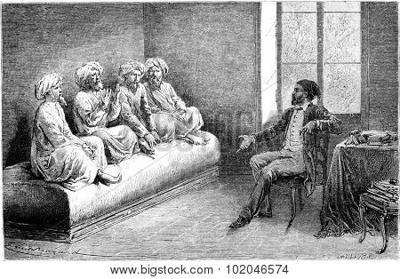 First interview with Tartar slow pilgrims (Sunni) in Tehran, vintage engraved illustration. Le Tour du Monde, Travel Journal, (1865).