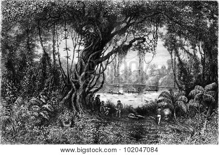 Barbasco fishing on Lake La Plata, vintage engraved illustration. Le Tour du Monde, Travel Journal, (1865).