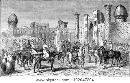 Enter the emir in Samarkand, vintage engraved illustration. Le Tour du Monde, Travel Journal, (1865).