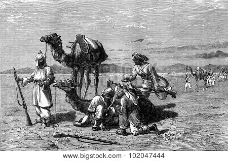 A stop in the desert, vintage engraved illustration. Journal des Voyages, Travel Journal, (1879-80).