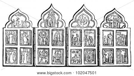 Small altarpiece four sides folding over each other, vintage engraved illustration. Le Tour du Monde, Travel Journal, (1865).