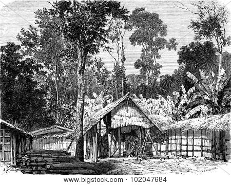 Gabonese town in the woods, vintage engraved illustration. Le Tour du Monde, Travel Journal, (1865).