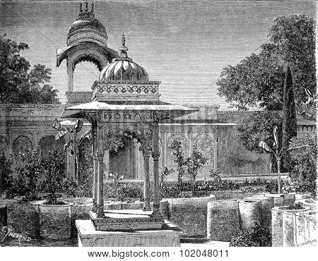 Gardens of the island of Jag Niwas, Udaipur, vintage engraved illustration. Le Tour du Monde, Travel Journal, (1872).