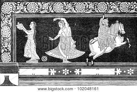 Fresco in the Shish Mahal in Rajgarh, vintage engraved illustration. Le Tour du Monde, Travel Journal, (1872).