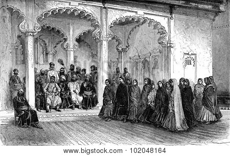 The assistant has a nautch in Maharana Palace Jag Niwas, vintage engraved illustration. Le Tour du Monde, Travel Journal, (1872).