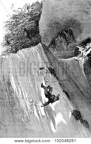 Fall of Mr. Whymper to Col du Lion, vintage engraved illustration. Le Tour du Monde, Travel Journal, (1872). 