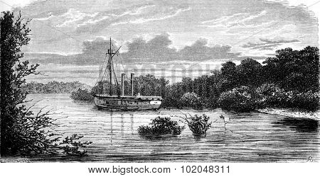The gunboat Culverin, vintage engraved illustration. Le Tour du Monde, Travel Journal, (1872). 