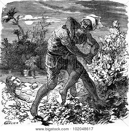 The dramas of India. The fight lasted a few minutes, vintage engraved illustration. Journal des Voyage, Travel Journal, (1879-80).