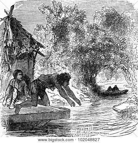 The dramas of India. The enemy of fugitives threw swimming, vintage engraved illustration. Journal des Voyage, Travel Journal, (1879-80).