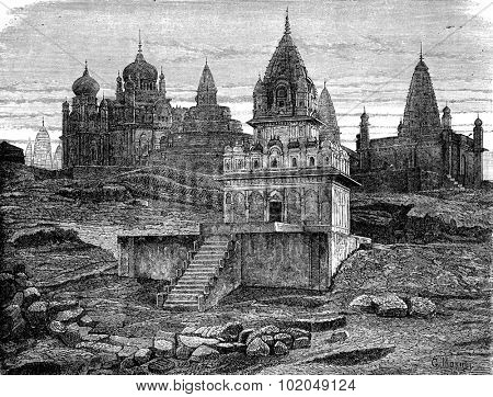 Jain temples has Sounghur, vintage engraved illustration. Le Tour du Monde, Travel Journal, (1872).