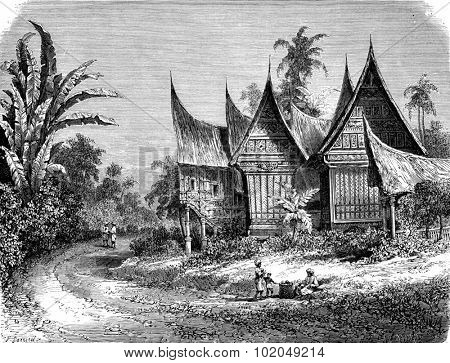 The house of a leader in Sumatra, vintage engraved illustration. Le Tour du Monde, Travel Journal, (1872).
