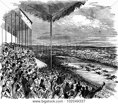 The large stand during a race, vintage engraved illustration. Journal des Voyage, Travel Journal, (1879-80).