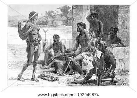 Men, Women and Tools of the Luchazes, in Angola, Southern Africa, drawing by Maillart based on the English edition, vintage illustration. Le Tour du Maonde, Travel Journal, 1881