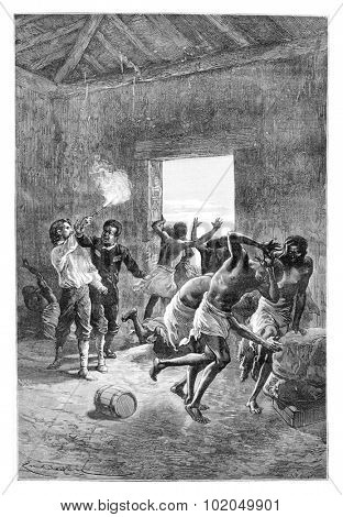 Major Serpa Pinto Fires a Gun at the Head of Duombo in Angola, Southern Africa, drawing by Bayard based on a sketch by Serpa Pinto, vintage engraved illustration. Le Tour du Monde Travel Journal, 1881