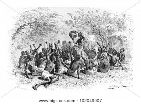 The Major and the Soothsayer, in Angola, Southern Africa, drawing by Bayard based on a sketch by Serpa Pinto, vintage engraved illustration. Le Tour du Monde, Travel Journal, 1881
