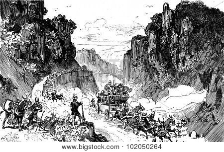 Sierra morena. We drove to the edge of the abyss, vintage engraved illustration. Journal des Voyages, Travel Journal, (1879-80).