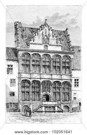Zoutleeuw Town Hall in Zoutleeuw, Belgium, drawing by Barclay based on a photograph, vintage illustration. Le Tour du Monde, Travel Journal, 1881