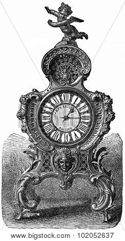 Pendulum of rococo style, vintage engraved illustration. Industrial encyclopedia E.-O. Lami - 1875.