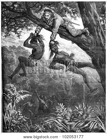 A Herculean task. It keeps hanging for a few seconds, vintage engraved illustration. Journal des Voyage, Travel Journal, (1880-81).