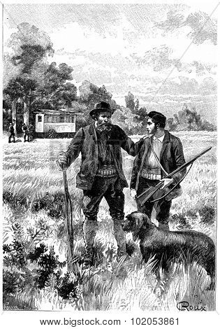 Serge can not hear it without feeling a deep emotion, vintage engraved illustration. Jules Verne Cesar Cascabel, 1890.