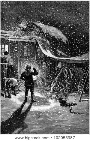 Everyone involved in organizing the halt, vintage engraved illustration. Jules Verne Cesar Cascabel, 1890.