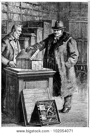 William J. Morlan, vintage engraved illustration. Jules Verne Cesar Cascabel, 1890.