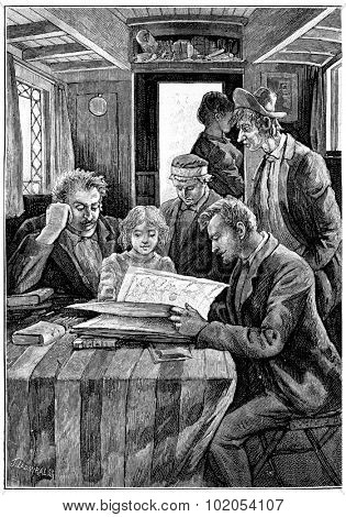 He would first go back through California, vintage engraved illustration. Jules Verne Cesar Cascabel, 1890.