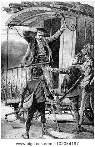 Cascabel reappeared, exclaiming: Stolen!, vintage engraved illustration. Jules Verne Cesar Cascabel, 1890.